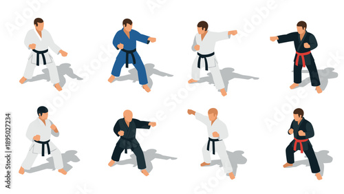 Martial arts practitioners in various karate poses with isometric perspective