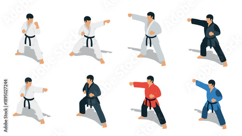Set of isometric karate figures performing martial arts moves in different uniforms