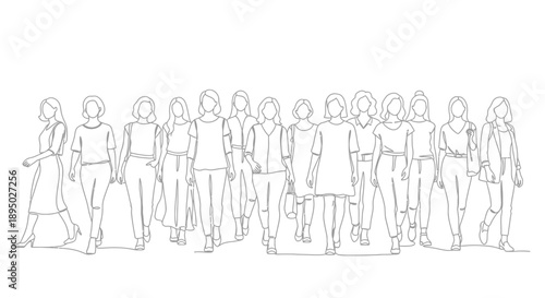 Group of women standing together in a line sketch.