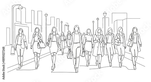 Group of women walking down a city street illustration.