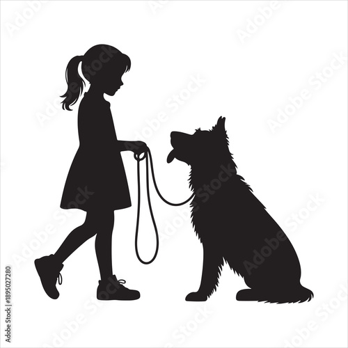 Silhouette of a Young Girl Offering a Treat to a Sitting Dog child puppy vector, silhouette of woman with dog sitting isolated vector illustration 
