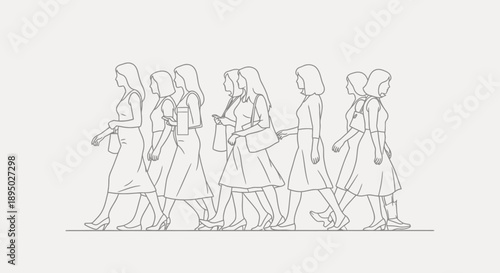 Group of women walking in a line illustration.