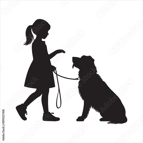 Silhouette of a Young Girl Offering a Treat to a Sitting Dog child puppy vector, silhouette of woman with dog sitting isolated vector illustration 