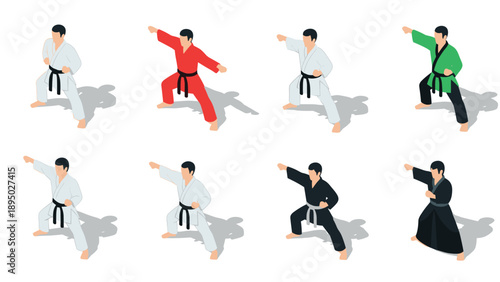 Isometric martial arts figures in various gi colors on white background