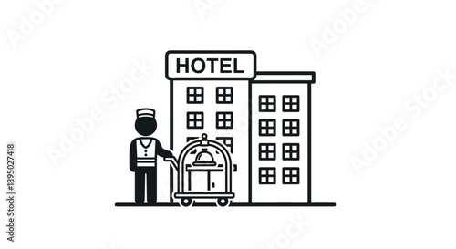 Hotel bellhop with luggage cart in front of hotel building.