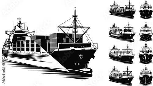 Cargo Container Ship Vector Illustration for International Maritime Transport Global Logistics Trade Freight Shipping Industry Vessel on White Background Isolated