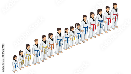 Isometric martial arts students in uniforms with differing belt colors