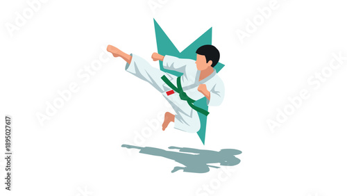 Karate athlete in mid-air kick with green belt and star background