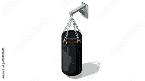 Isometric heavy punching bag hanging on wall mount with shadow
