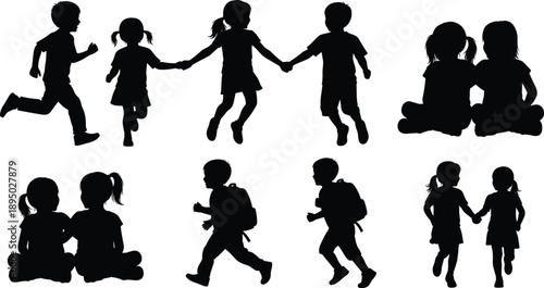 Children friendship silhouette collection, kids holding hands playing together, childhood bonding concept, school life activities, teamwork unity illustration, black figures