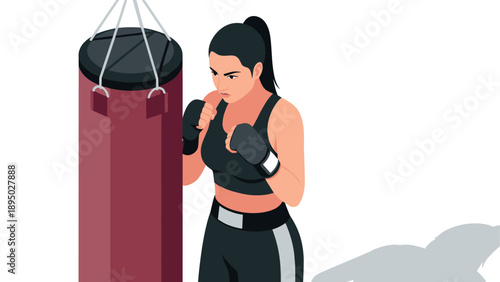 Female boxer training with punching bag in minimalistic flat design