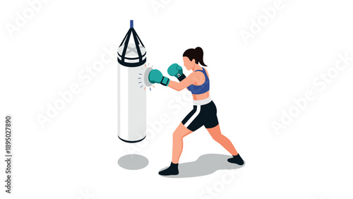Isometric female boxer training with punching bag in fitness gym environment