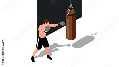 Isometric boxing training: athlete punching heavy bag in fitness gym