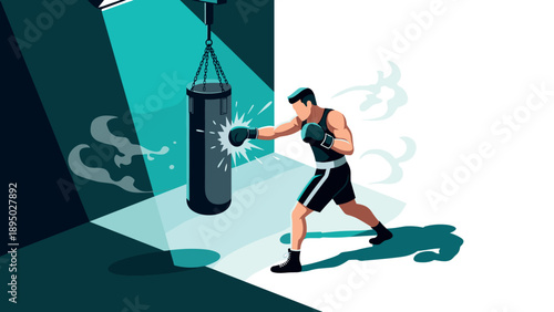 Boxer training in modern geometric gym setting with punching bag