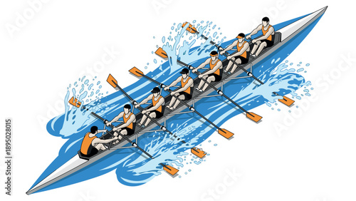 Dynamic teamwork in action: rowers powering through water in vibrant detailed art