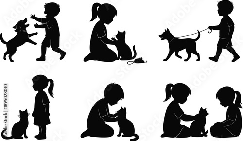 Children playing with pets silhouette collection, kids bonding with dog and cat, cute family animal interaction vector illustration