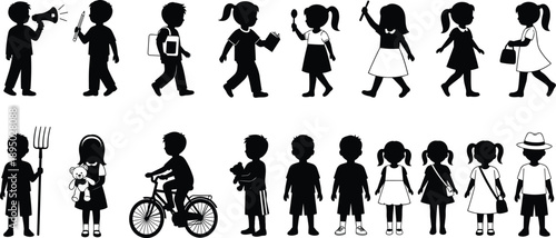 Children silhouette collection, kids activities icons, boy and girl figures, childhood lifestyle poses, black vector illustration set