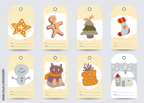 Festive vector gift tags with hand drawn Christmas doodles. Cute cozy and playful. Perfect for holiday packaging labels scrapbooking greeting cards presents and seasonal branding designs.