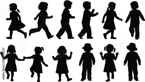 children,kids,silhouettes,walking,running,playing,childhood,boys,girls,toddlers,activity,movement,black,vector,isolated,people,figures,education,collection,illustration