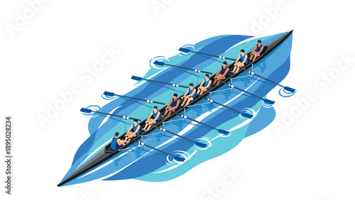 Isometric rowing team in sync on blue water waves