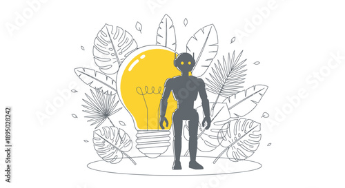 Vector illustration of a person with a lightbulb and leaves