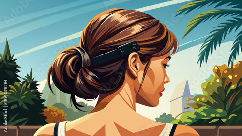 Very beautiful close-up back view of a woman with brown hair styled casually using a black claw clip, captured outdoors in summer light, expressing effortless modern lifestyle and natural beauty.