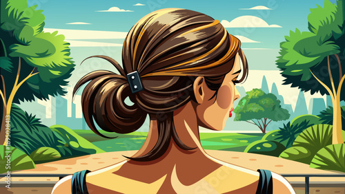Very beautiful close-up back view of a woman with brown hair styled casually using a black claw clip, captured outdoors in summer light, expressing effortless modern lifestyle and natural beauty.