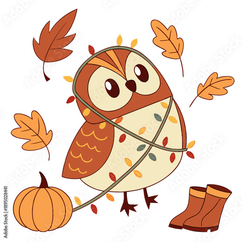 Creative SVG: Shy Owl with wrapped in fairy lights in a Autumn Leaves colored Autumn theme