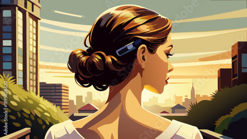 Very beautiful close-up back view of a woman with brown hair styled casually using a black claw clip, captured outdoors in summer light, expressing effortless modern lifestyle and natural beauty.