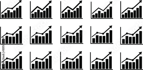 Silhouette vector graphics of bar charts with arrows for data analysis and statistics