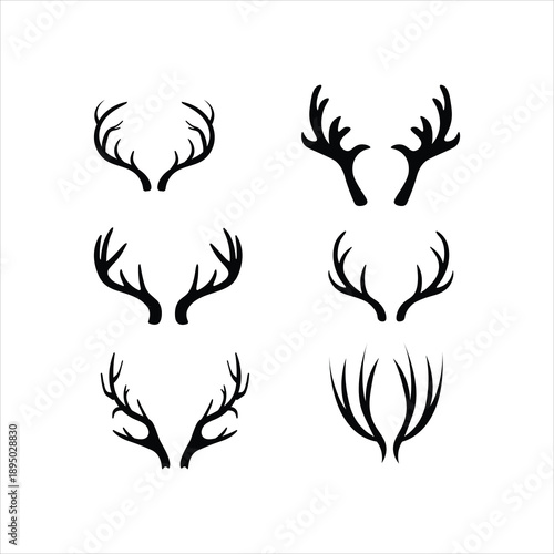 Collection of six unique stylized deer antler silhouettes in varying shapes and sizes
