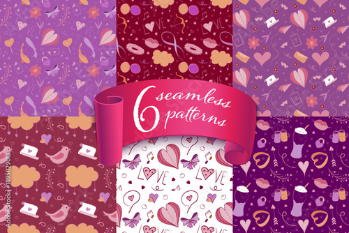 Set of 6 cute Seamless patterns with adorable Valentine doodles: hearts, gifts, arrows, and romantic icons. Playful hand-drawn style for wrapping paper, textiles, wallpapers, and holiday backgrounds.