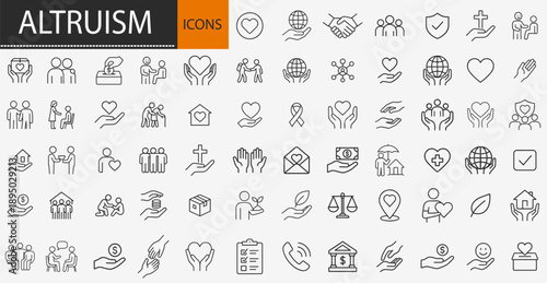 Altruism and charity icons set, thin line kindness donation social support and volunteer humanitarian aid vector illustration