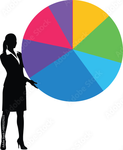 Silhouette vector graphic of businesswoman presenting colorful pie chart