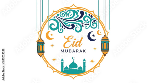 Celebratory Eid Mubarak illustration featuring mosque and lanterns in a festive design with floral patterns