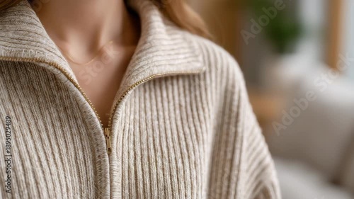 414Front-close-up of ribbed beige top and shorts, fabric ribbing and natural folds visible, smooth neutral background, warm lighting emphasizing coziness and modern fashion minimalism