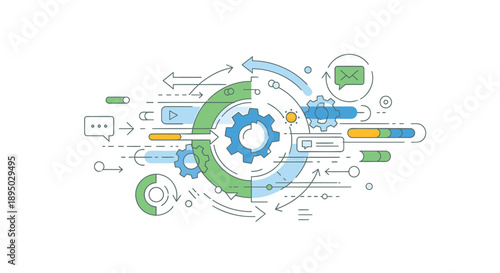 Business process diagram with gears charts and arrows on a white background for company operations