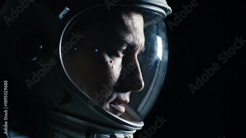 Close-Up Portrait of a Lone Astronaut in a Helmet Gazing into the Cosmos Above.