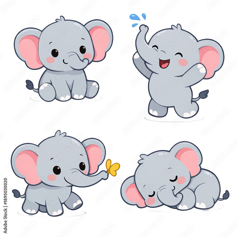 Naklejka premium Cute cartoon elephant set playful joy