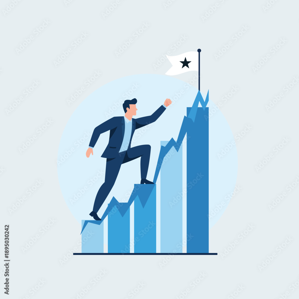 Obraz premium Businessman climbs upward trending bar chart graph toward a success flag indicating career achievement and progress.