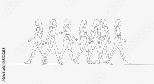 Line Drawing of Women Walking in Sequence.