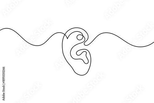 Minimalist ear line drawing with frequency wave for audiology and hearing health