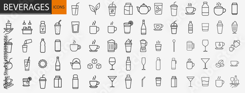 Beverages and drinks icons set, thin line soft drinks alcohol coffee tea and liquid refreshment vector illustration