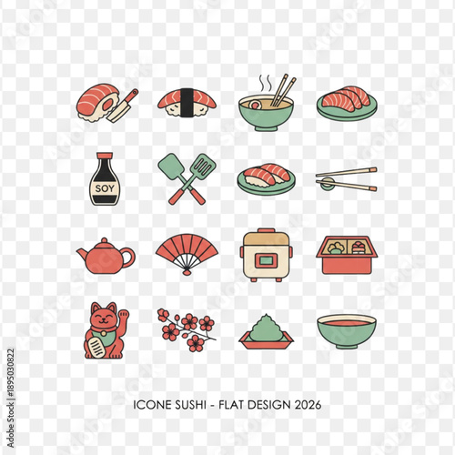 Japanese Sushi Icon Set, Flat Design Culinary Symbols of Nigiri, Ramen, and Bento Box for Restaurant Branding