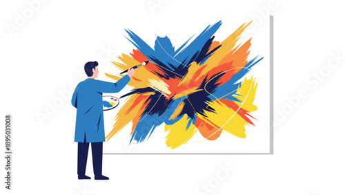 Artist creating vibrant abstract art on canvas in flat design style