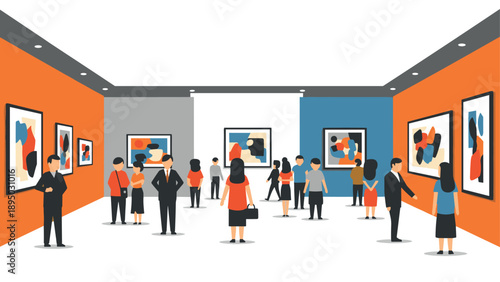 Modern art gallery exhibition with visitors in flat design style