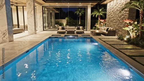 Wallpaper Mural Luxury modern backyard swimming pool at night with illuminated water, lounge chairs, palm trees and outdoor seating area Torontodigital.ca