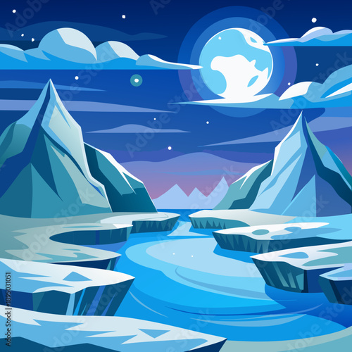 Arctic Night Landscape with Full Moon