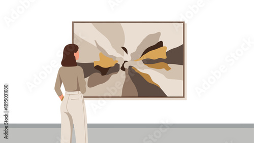 Woman admiring abstract art painting in elegant gallery setting