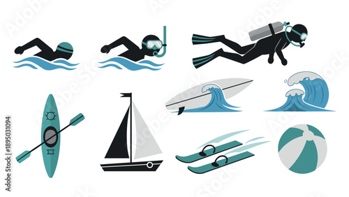 Water sports adventure icons set featuring snorkeling, scuba diving, surfing, and sailing in flat design